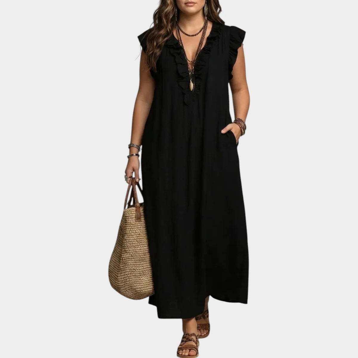 Women’s Linen Maxi Dress with Ruffle V-Neck and Sleeveless Design