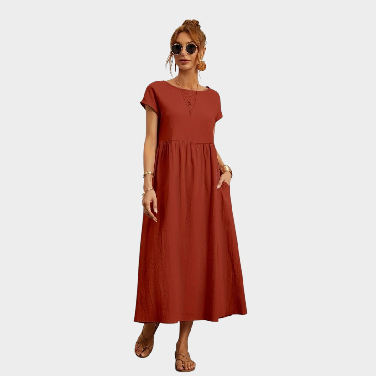 Women’s Round Neck Midi Dress with Short Sleeves and Side Pockets