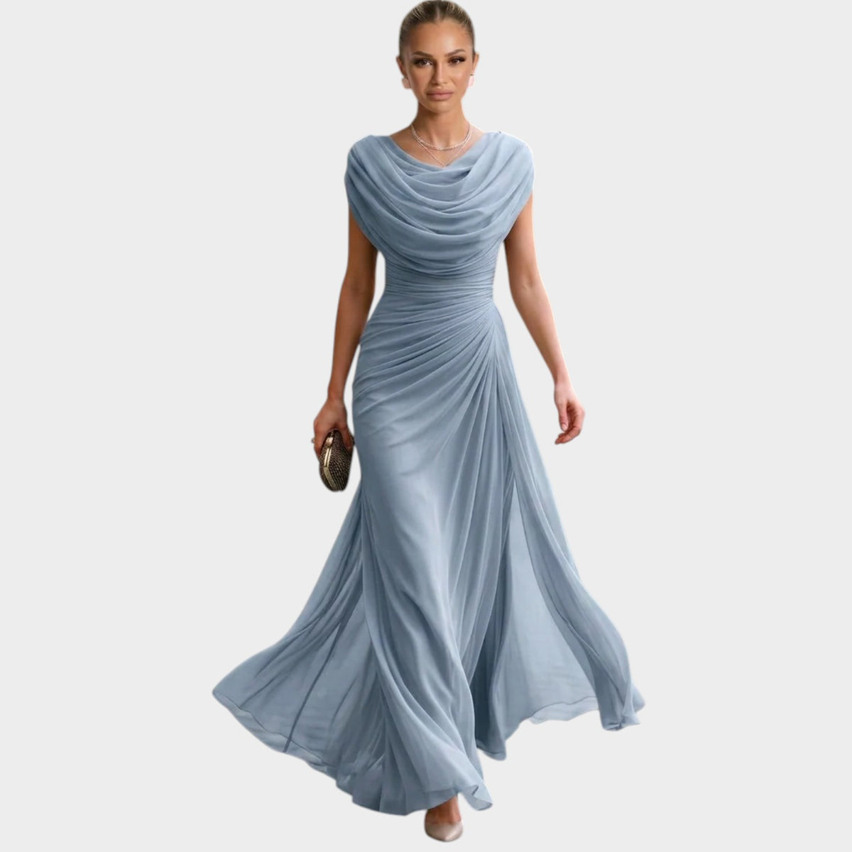 Women’s Maxi Dress with Draped Cowl Neck Ruched Waist
