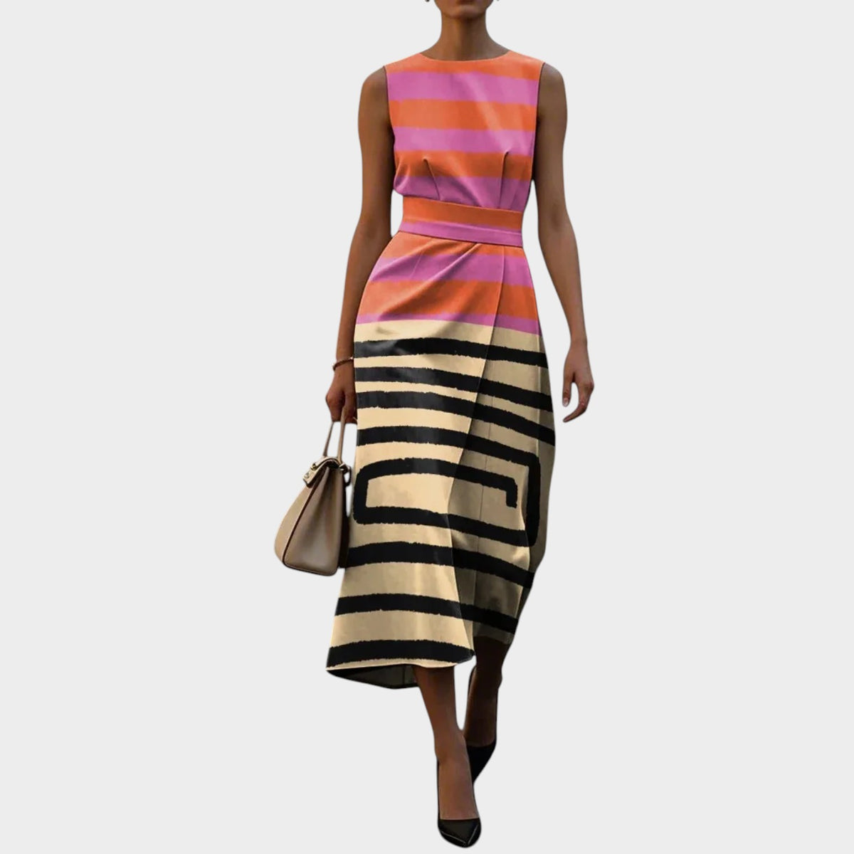 Women’s Sleeveless Midi Dress with Floral Pattern and Waist Detail