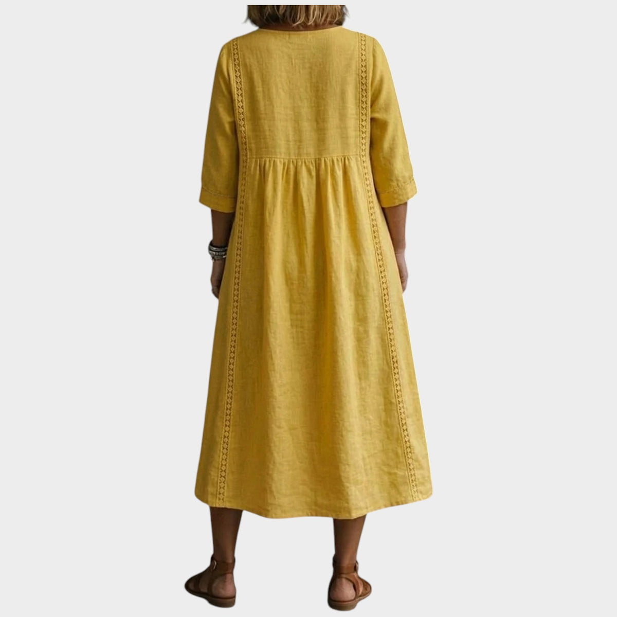 Women’s A-Line Midi Dress with V-Neck, Three-Quarter Sleeves and Lace Trim