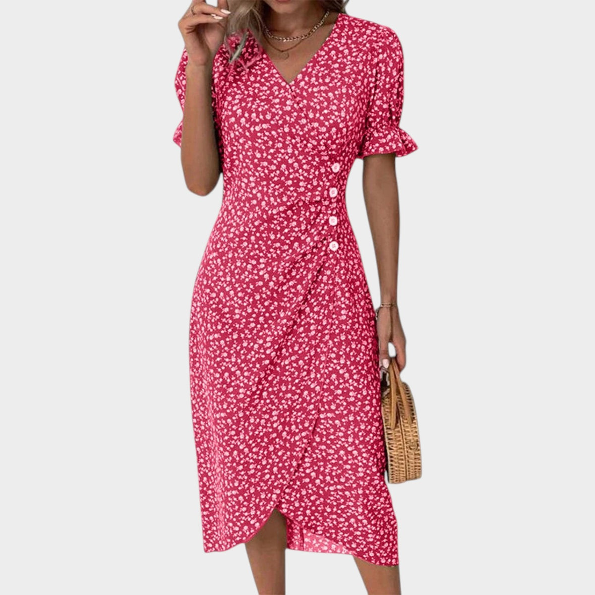 Women’s Floral Midi Dress V-Neck Short Ruffle Sleeves Wrap Front