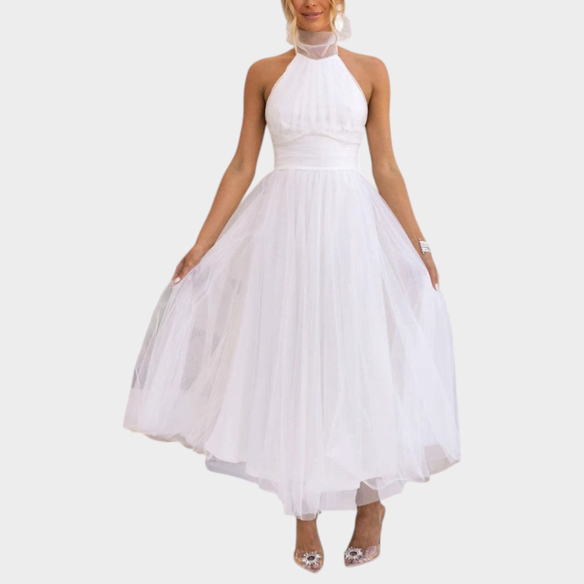 Women’s Halter Neck Midi Dress with Tulle Full Skirt