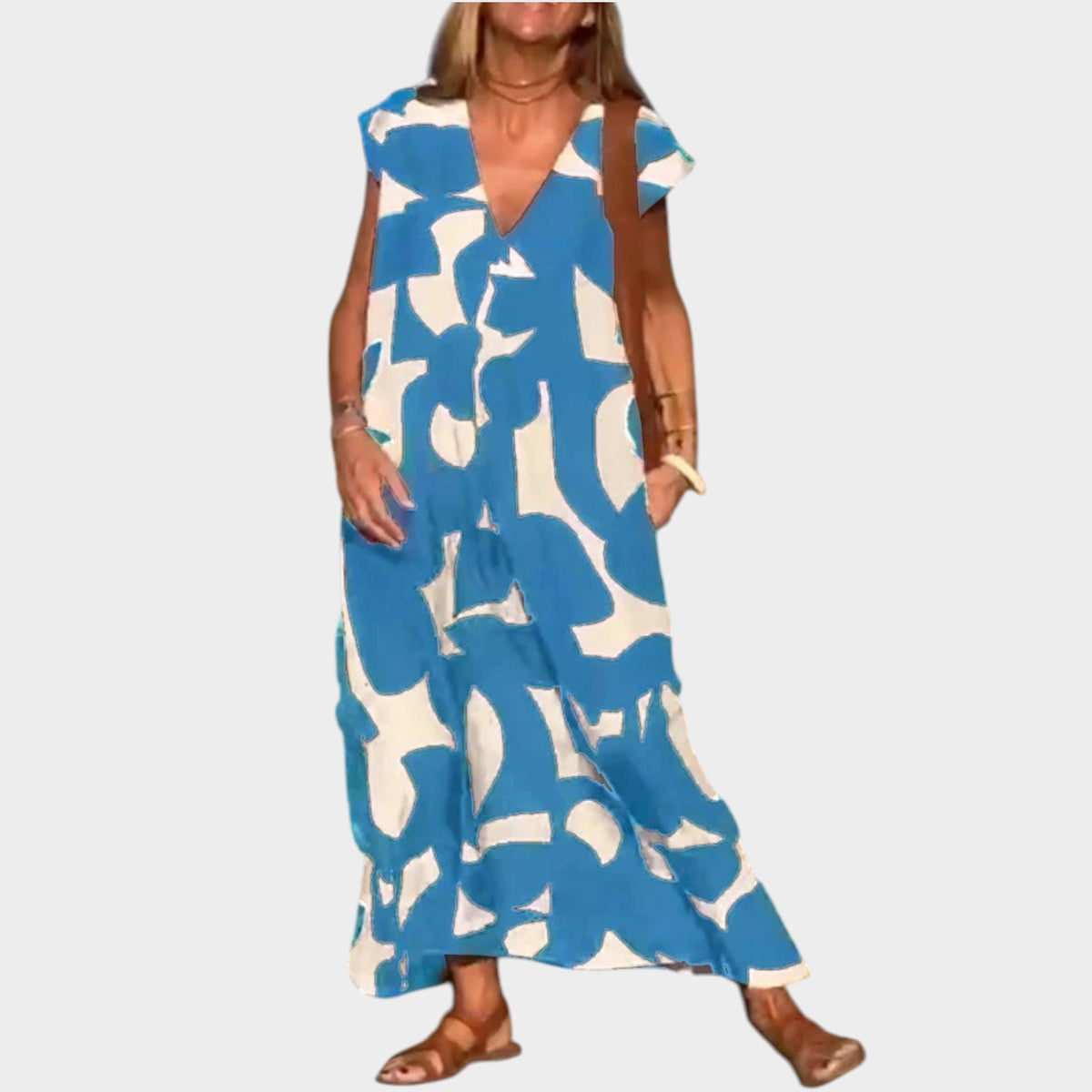Women’s Abstract Print Maxi Dress with V-Neck and Short Sleeves