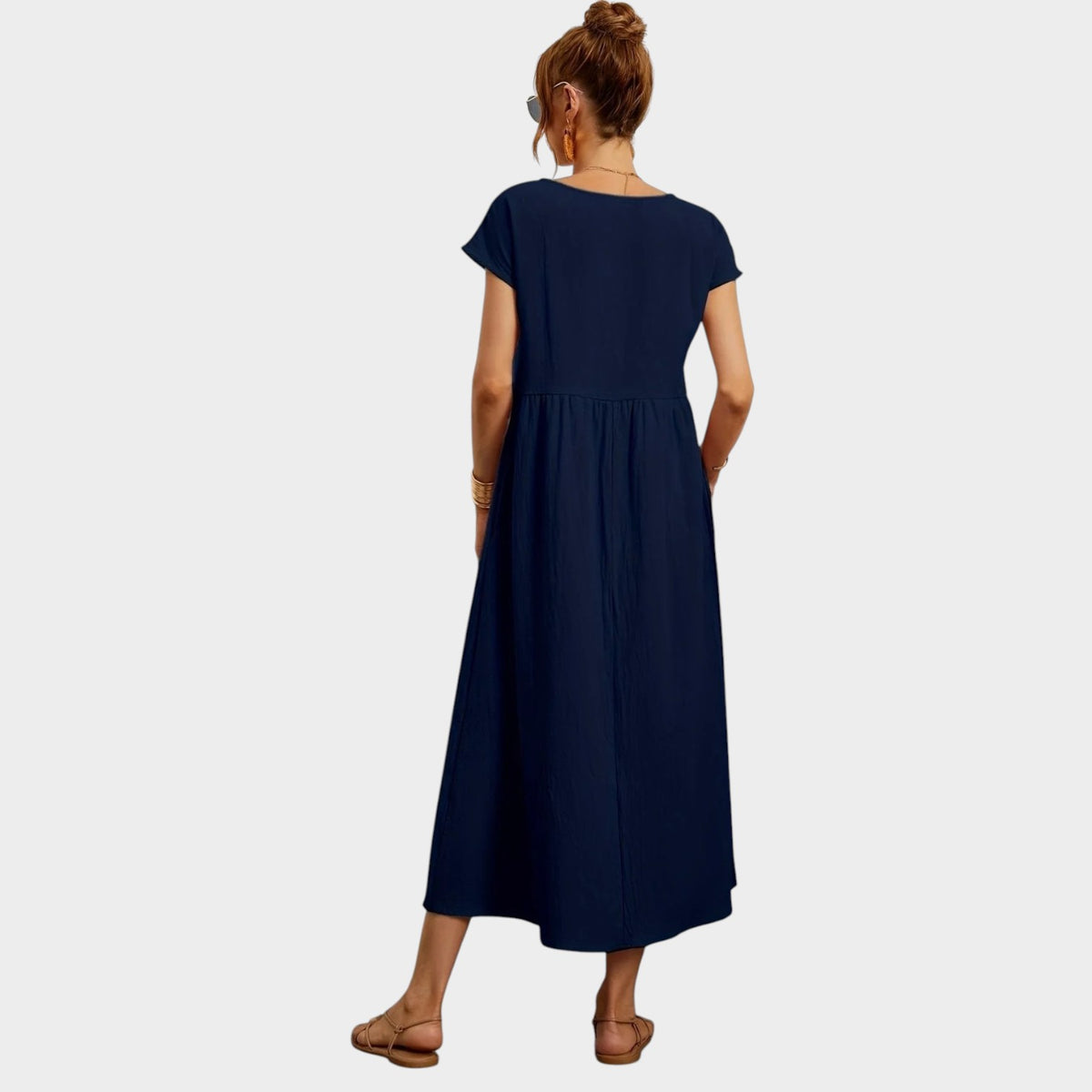 Women’s Round Neck Midi Dress with Short Sleeves and Side Pockets