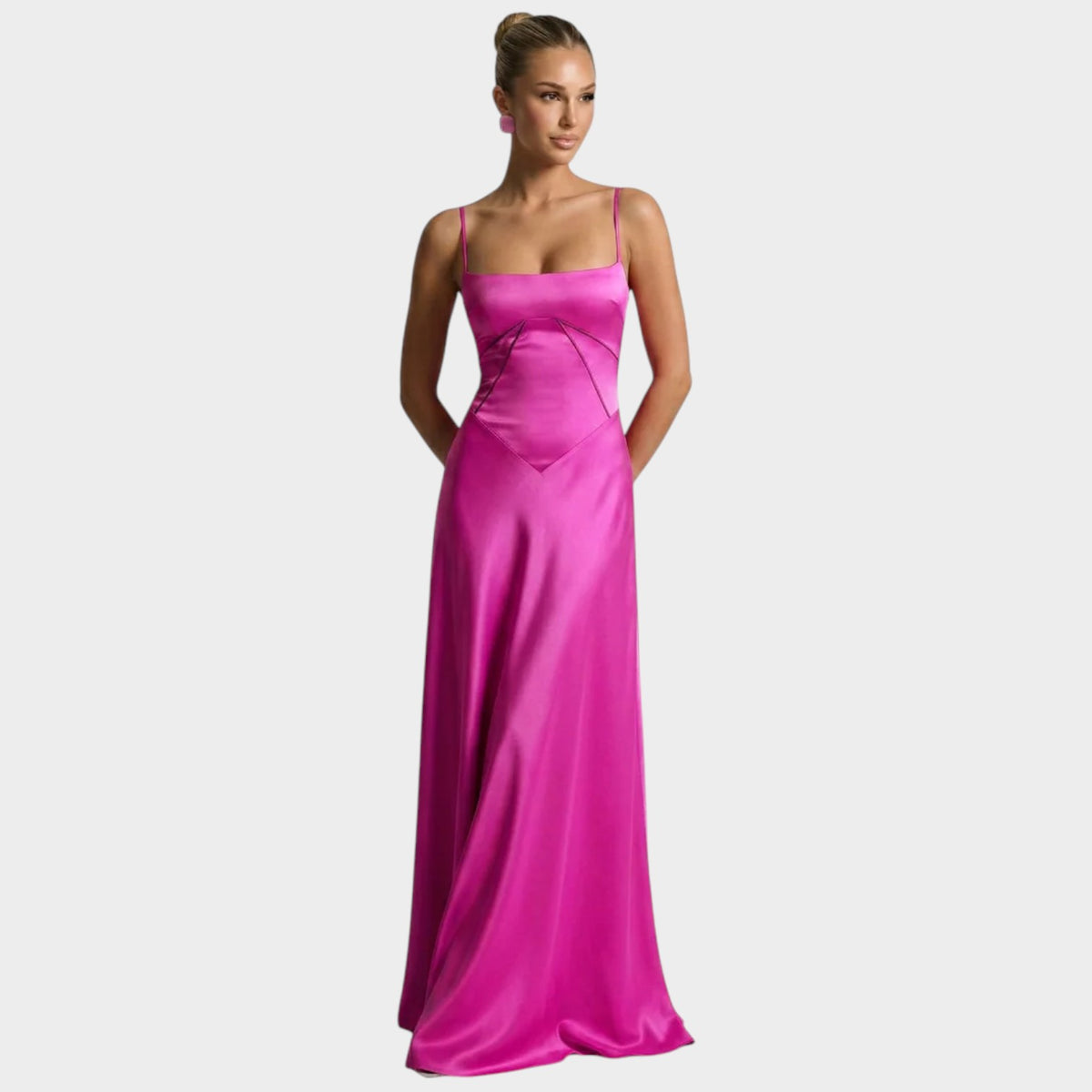 Women’s Satin Maxi Dress with Thin Straps Structured Bodice