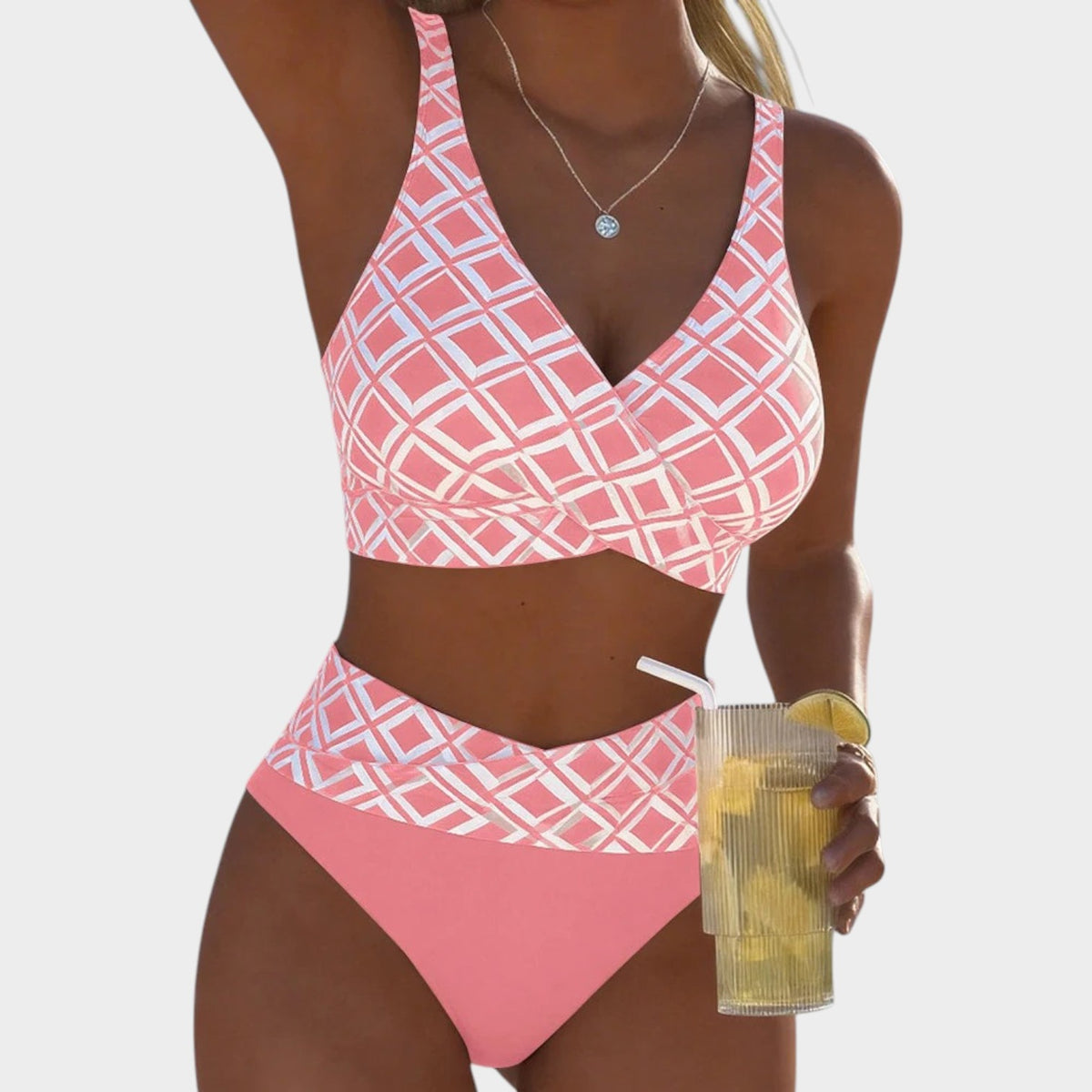 Women’s Bikini Set Check Print Wireless Bra High-Waisted Bottoms