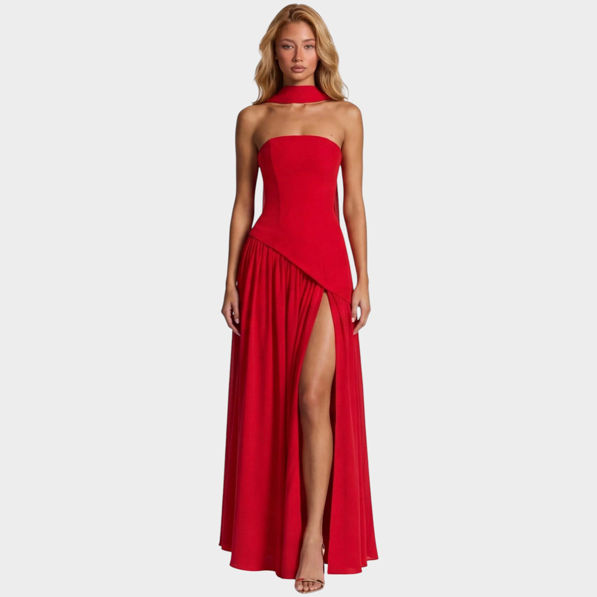 Women’s Strapless Maxi Dress with Draped Scarf Detail and High Slit