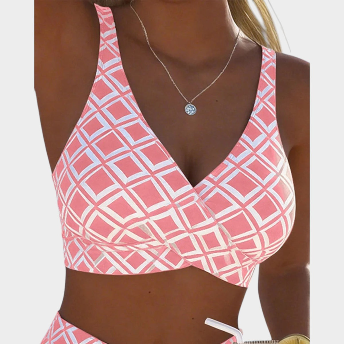Women’s Bikini Set Check Print Wireless Bra High-Waisted Bottoms
