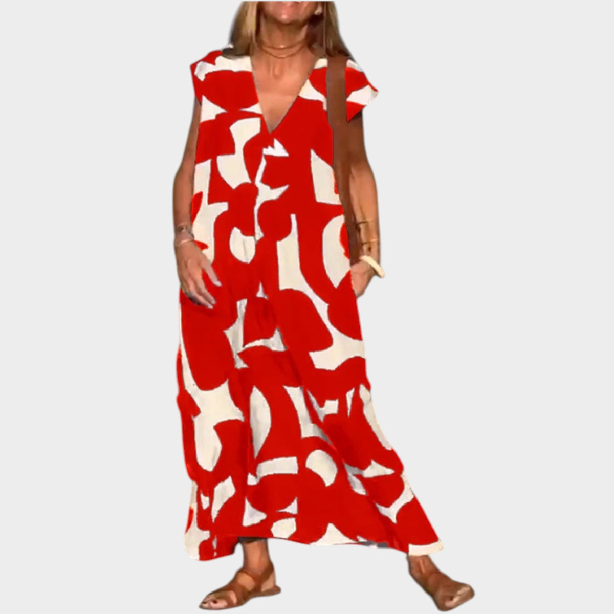 Women’s Abstract Print Maxi Dress with V-Neck and Short Sleeves