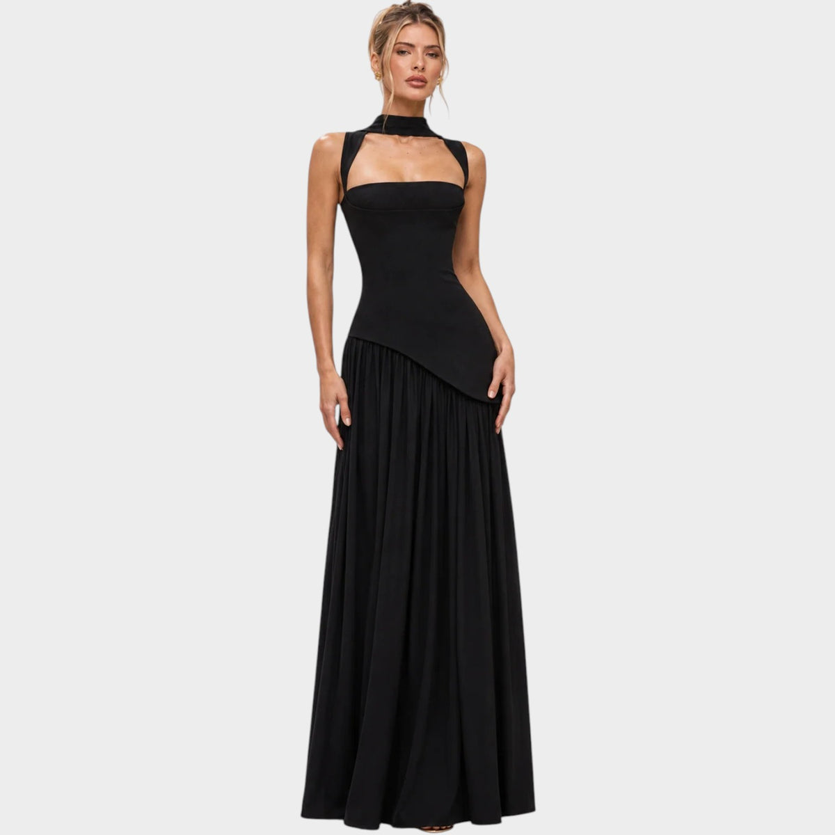 Women’s Strapless Maxi Evening Dress with Draped Bodice and High Slit