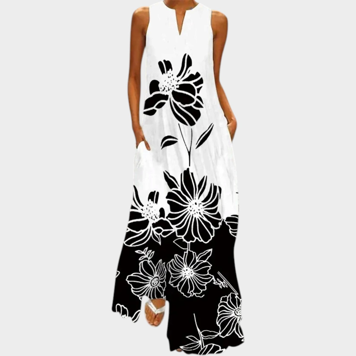 Women’s Sleeveless Maxi Dress with V-Neck, A-Line Fit and Printed Design