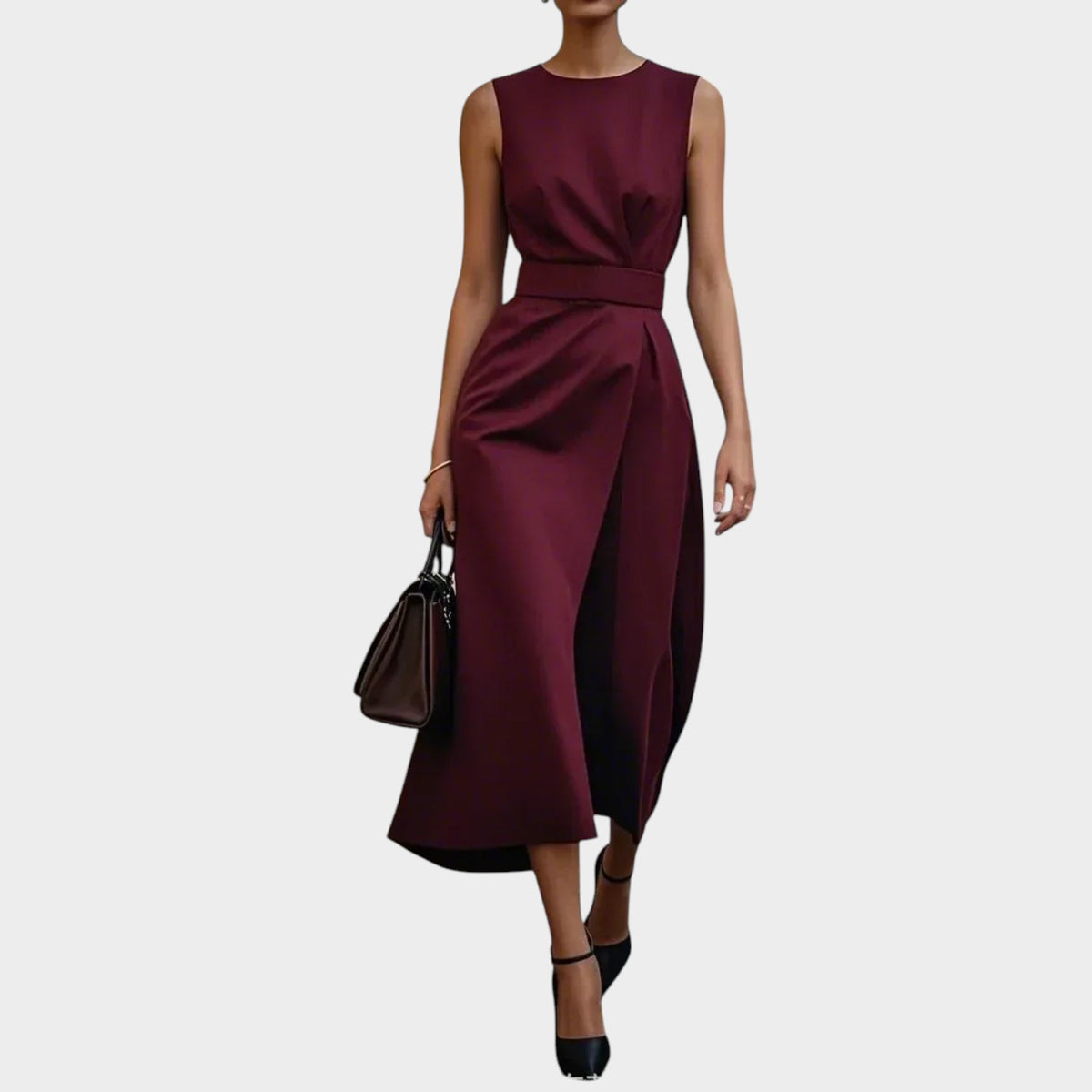 Women’s Sleeveless Midi Dress with Floral Pattern and Waist Detail