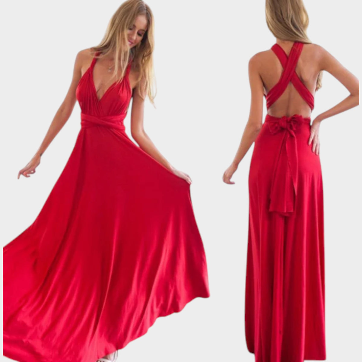 Women’s Convertible Maxi Wrap Dress with Deep V-Neck and Open Back
