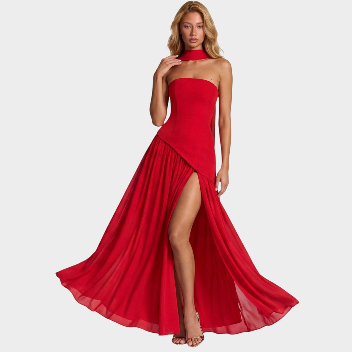 Women’s Strapless Maxi Dress with Draped Scarf Detail and High Slit