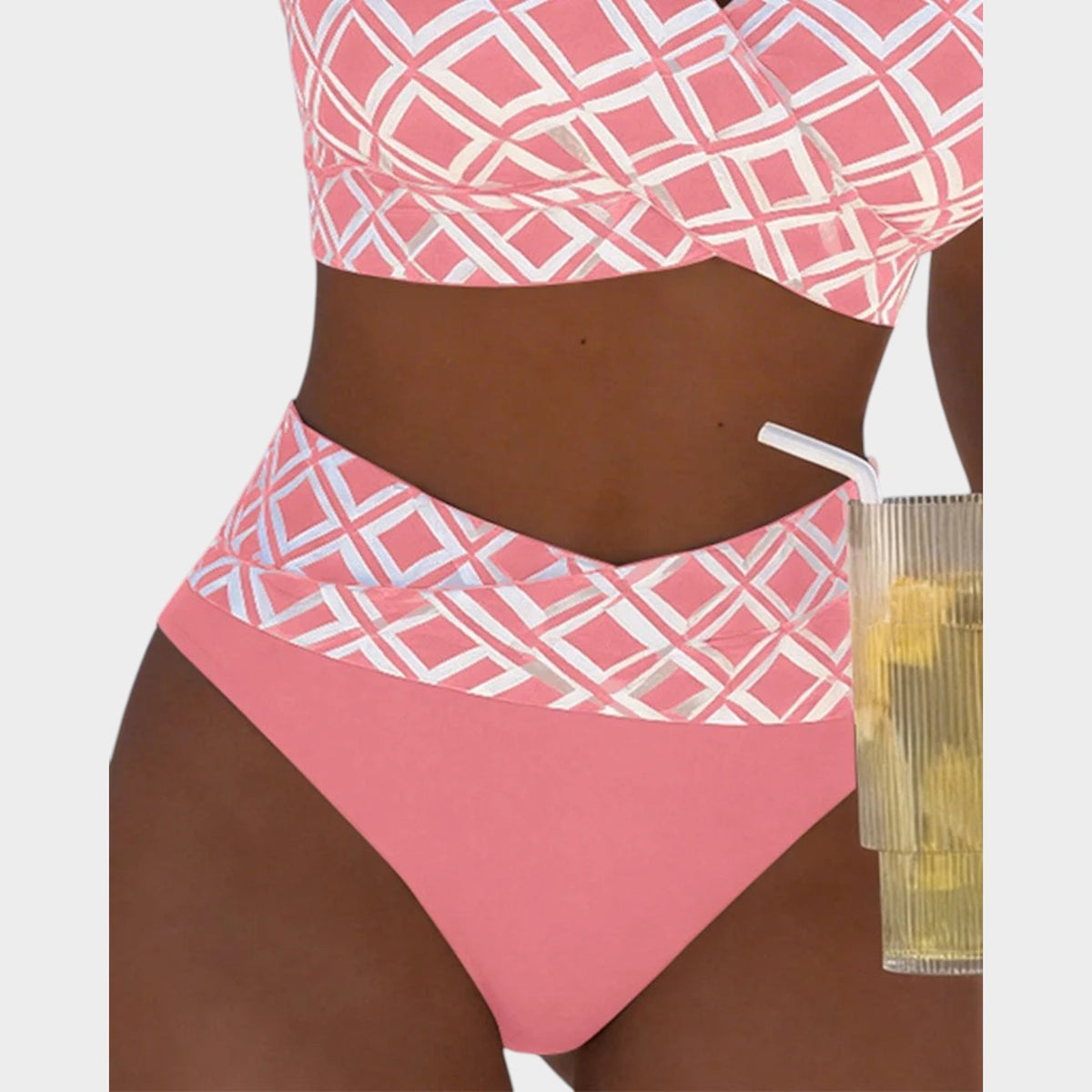 Women’s Bikini Set Check Print Wireless Bra High-Waisted Bottoms