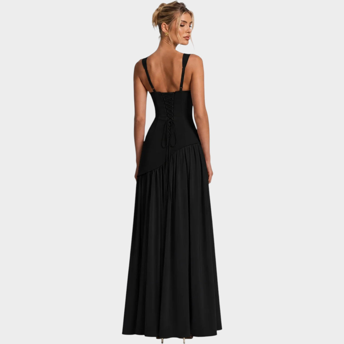 Women’s Strapless Maxi Evening Dress with Draped Bodice and High Slit