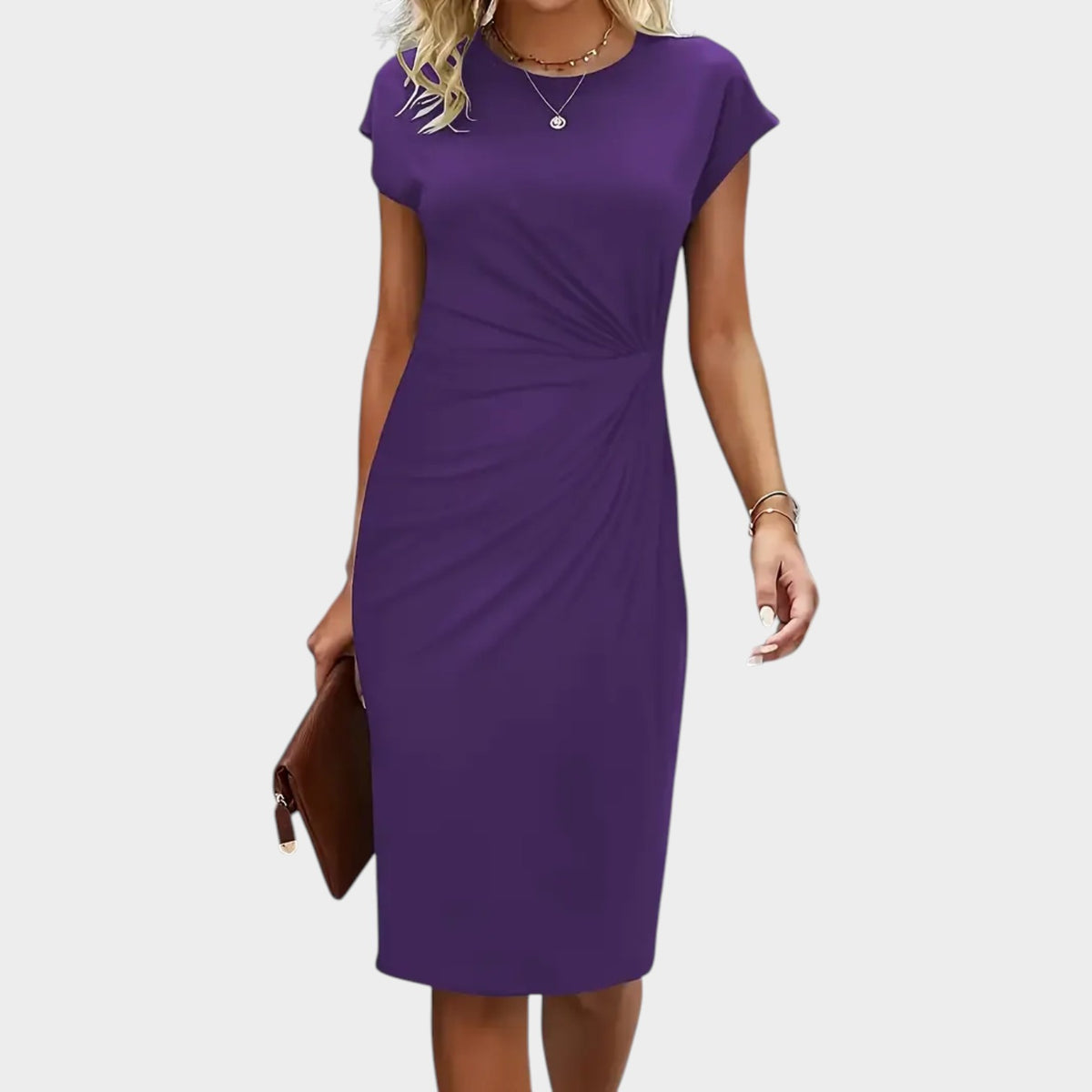 Women’s Midi Dress with Round Neck and Ruched Waist Detail