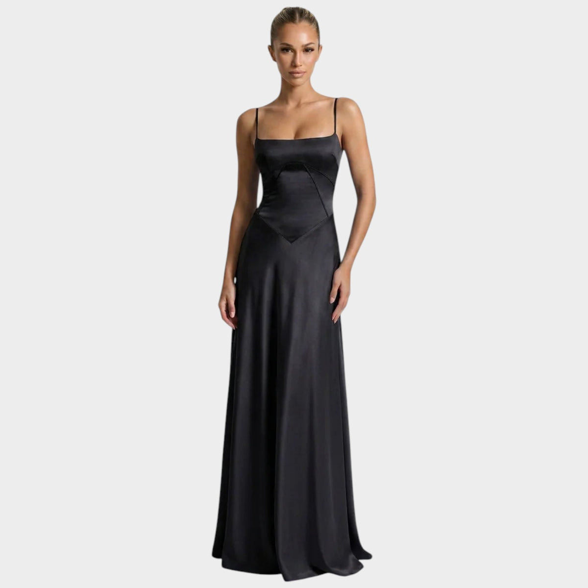 Women’s Satin Maxi Dress with Thin Straps Structured Bodice