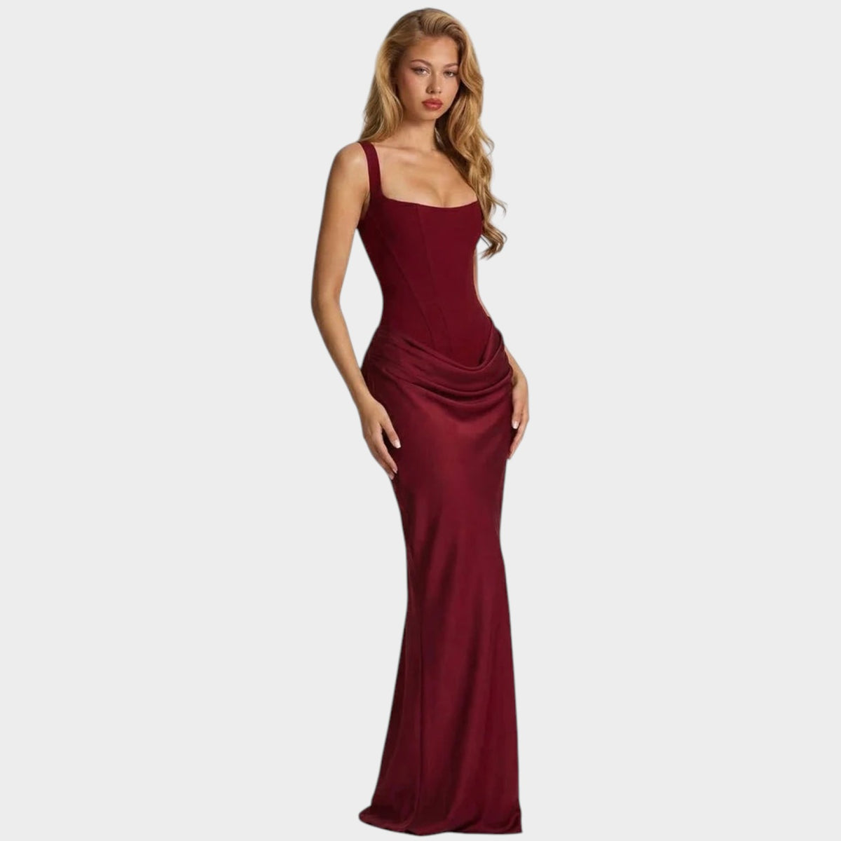 Women’s Corset Maxi Dress with Square Neckline, Draped Skirt and Lace-Up Back