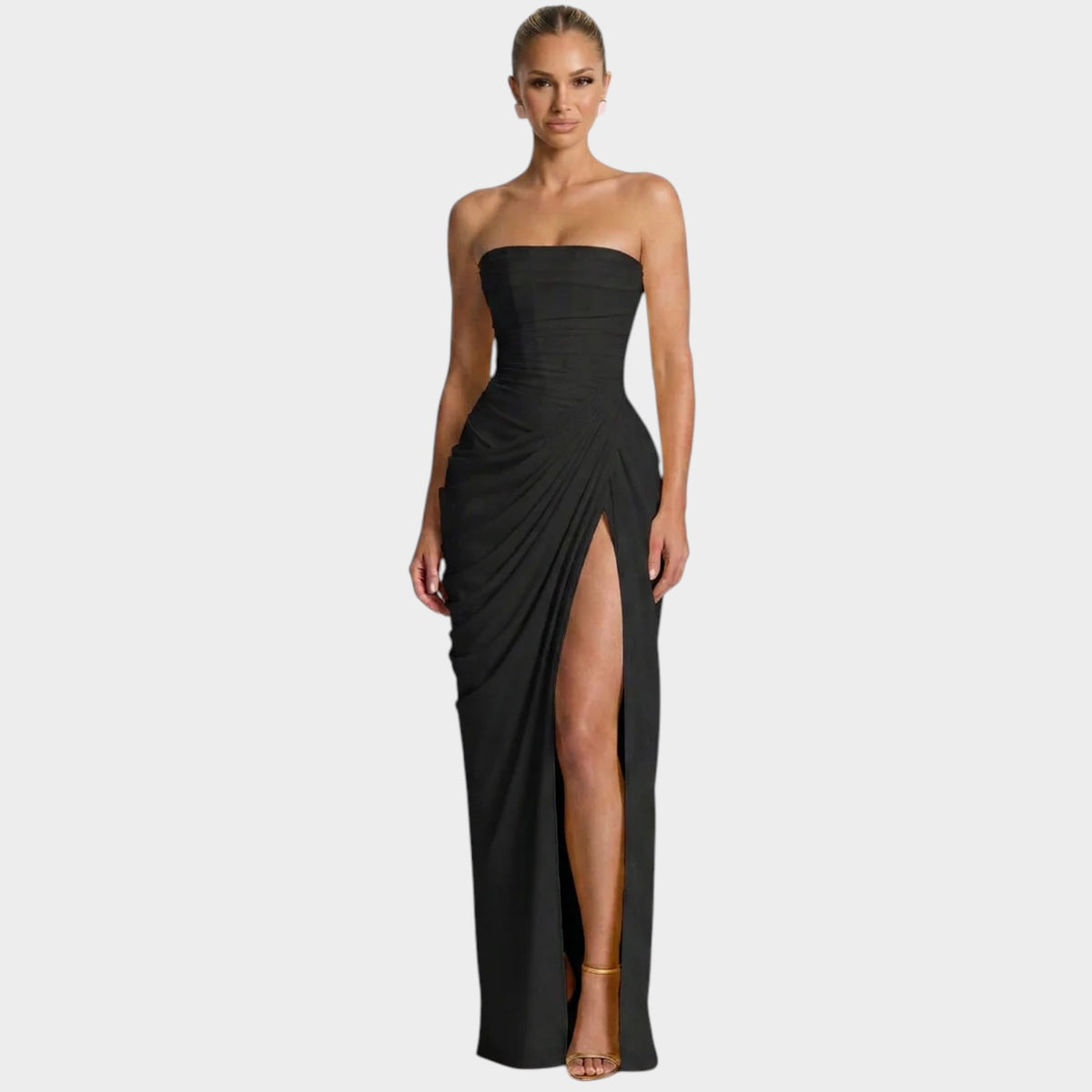 Women’s Strapless Maxi Dress with Gathered Bodice and Front Slit