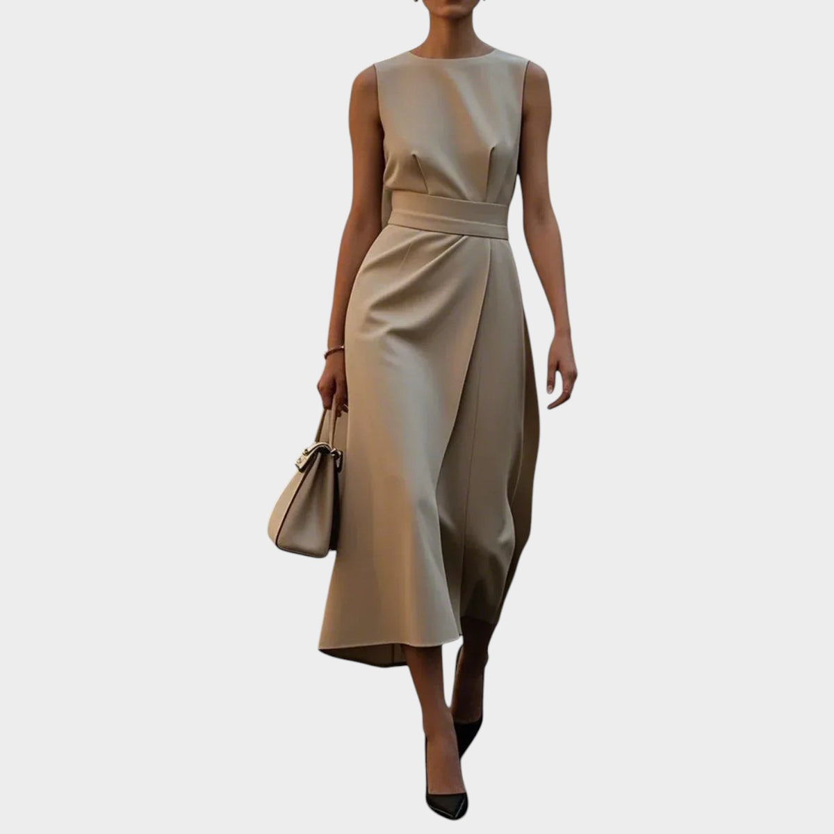 Women’s Sleeveless Midi Dress with Floral Pattern and Waist Detail