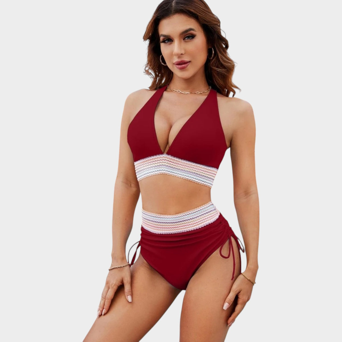 Women’s Swimsuit V-Neck Wide Straps Ruched Waist Push-Up