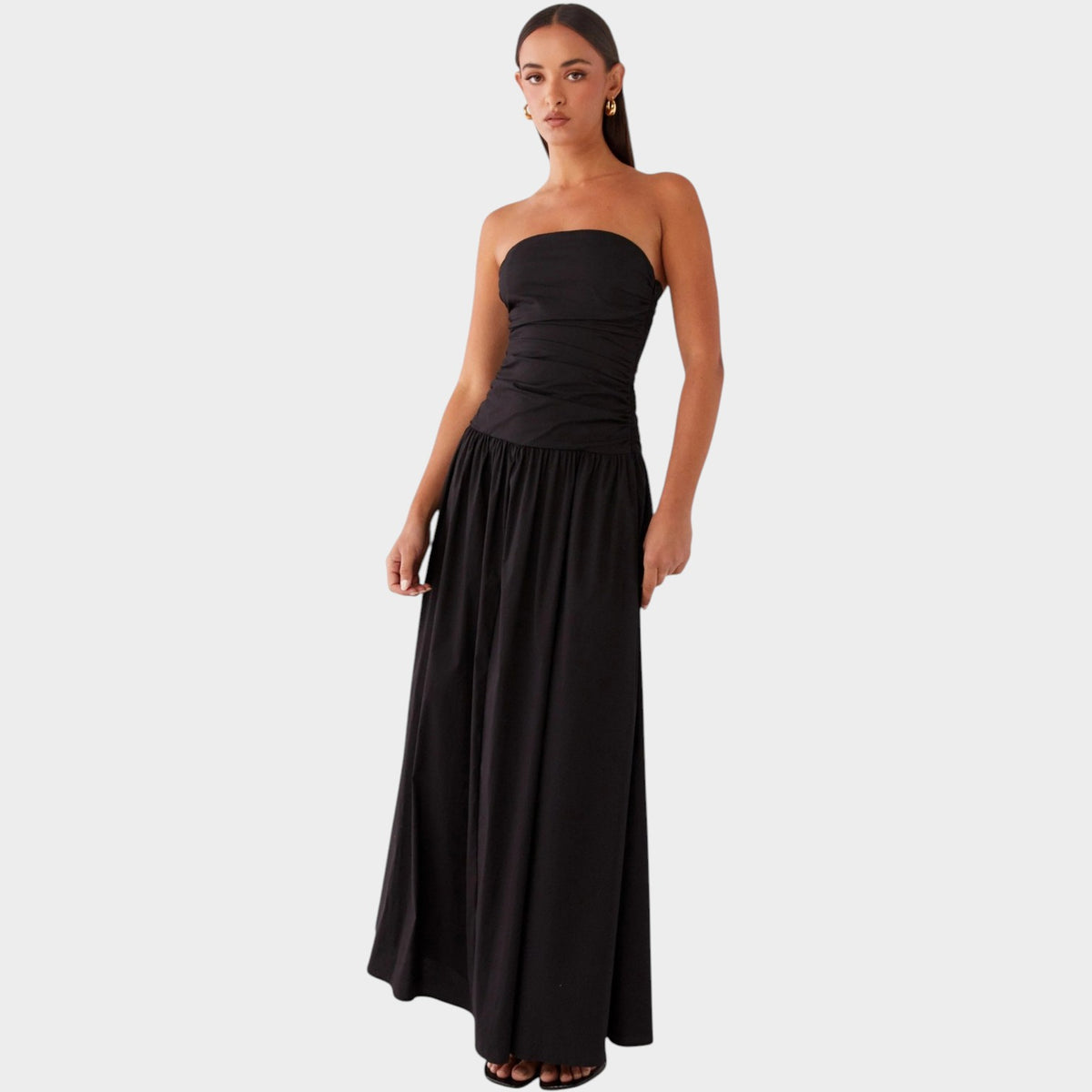 Women’s Strapless Maxi Dress with Ruched Bodice Flowing Skirt