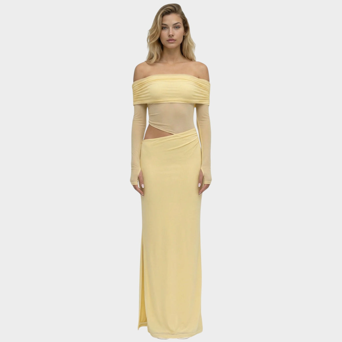 Women’s Off-Shoulder Maxi Dress with Sheer Long Sleeves and Side Cut-Outs