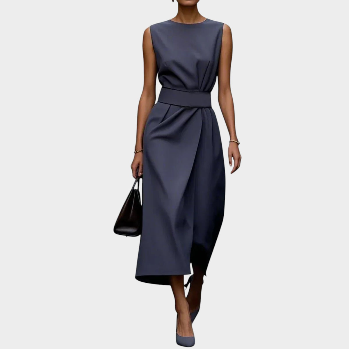 Women’s Sleeveless Midi Dress with Floral Pattern and Waist Detail