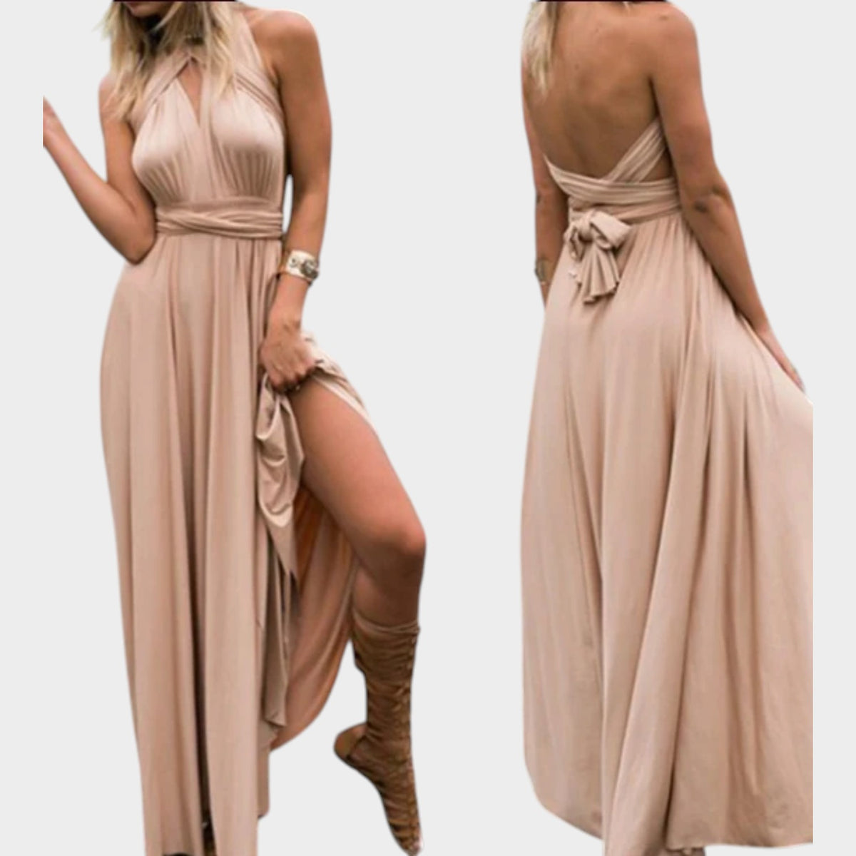 Women’s Convertible Maxi Wrap Dress with Deep V-Neck and Open Back