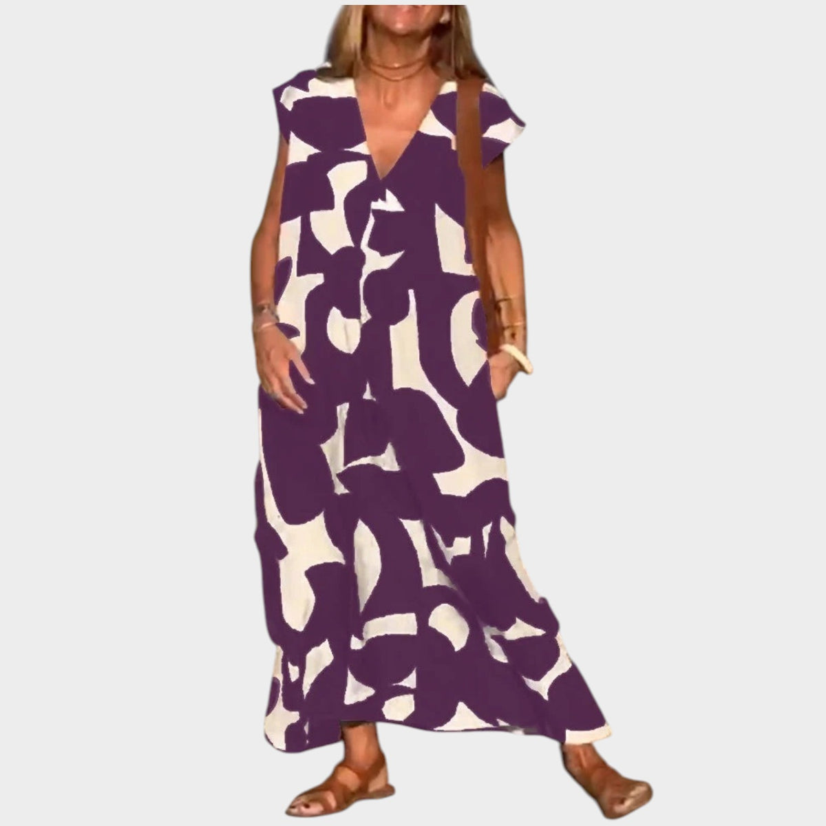 Women’s Abstract Print Maxi Dress with V-Neck and Short Sleeves