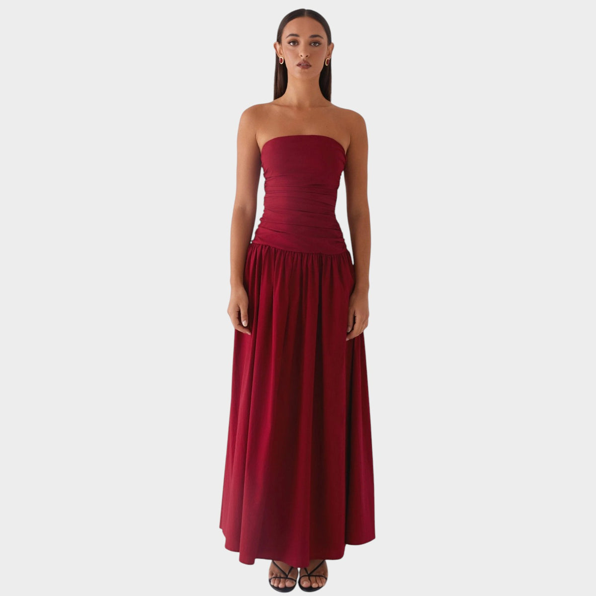 Women’s Strapless Maxi Dress with Ruched Bodice Flowing Skirt