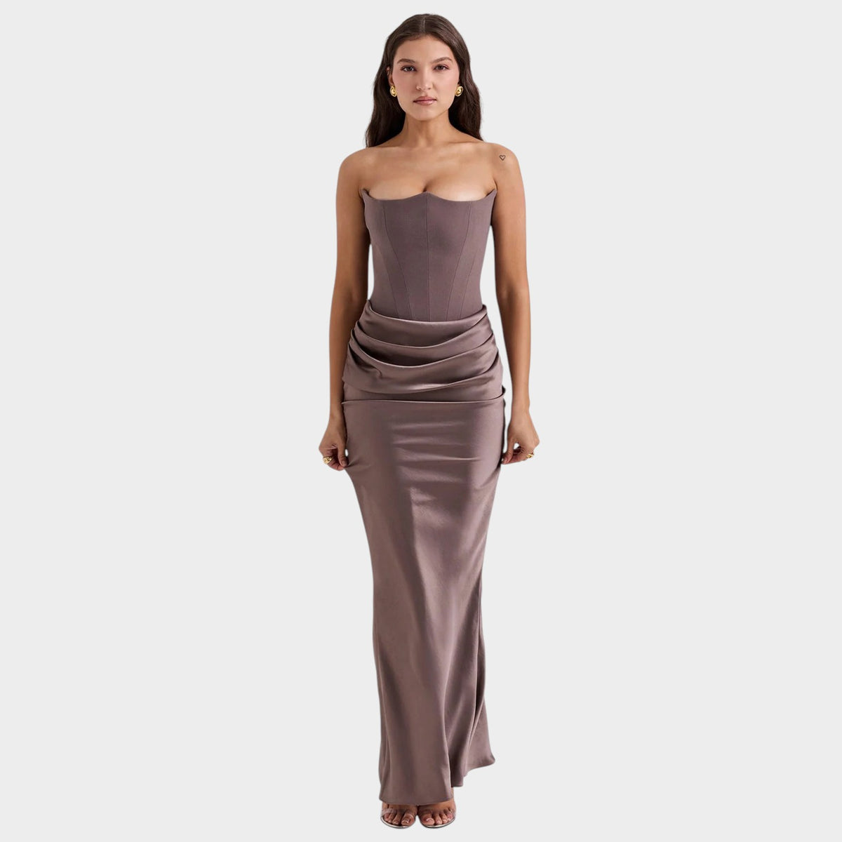Women’s Strapless Corset Maxi Dress with Draped Waist and Fitted Silhouette