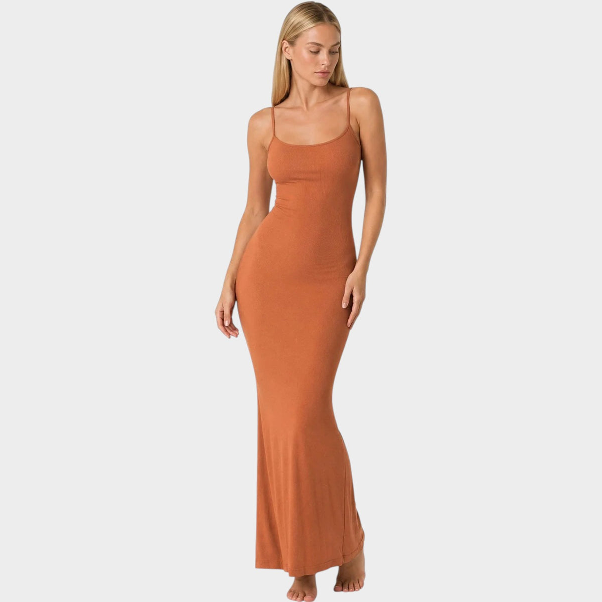 Women’s Stretch Maxi Dress with Spaghetti Straps and Flared Hem