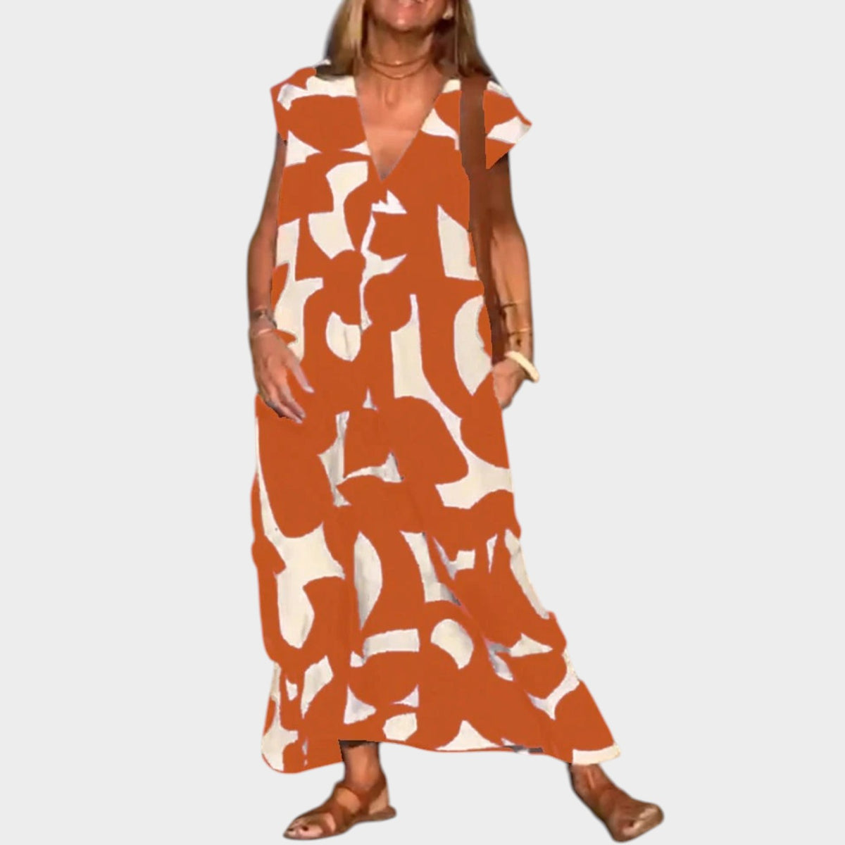 Women’s Abstract Print Maxi Dress with V-Neck and Short Sleeves