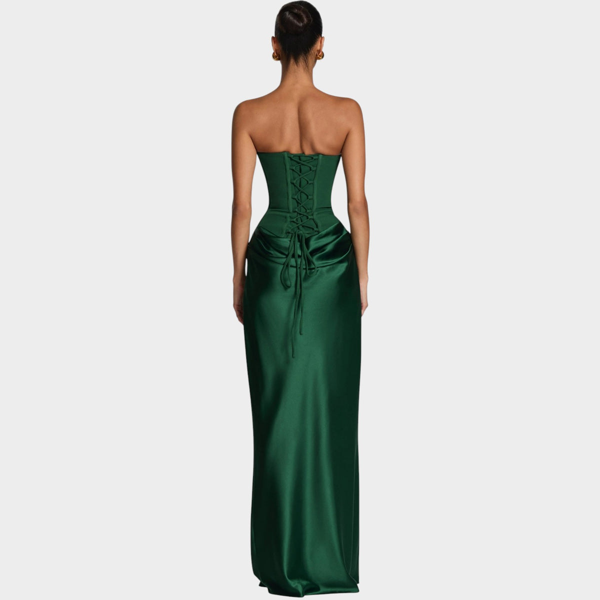 Women’s Strapless Satin Maxi Dress with Structured Bodice and Draped Skirt