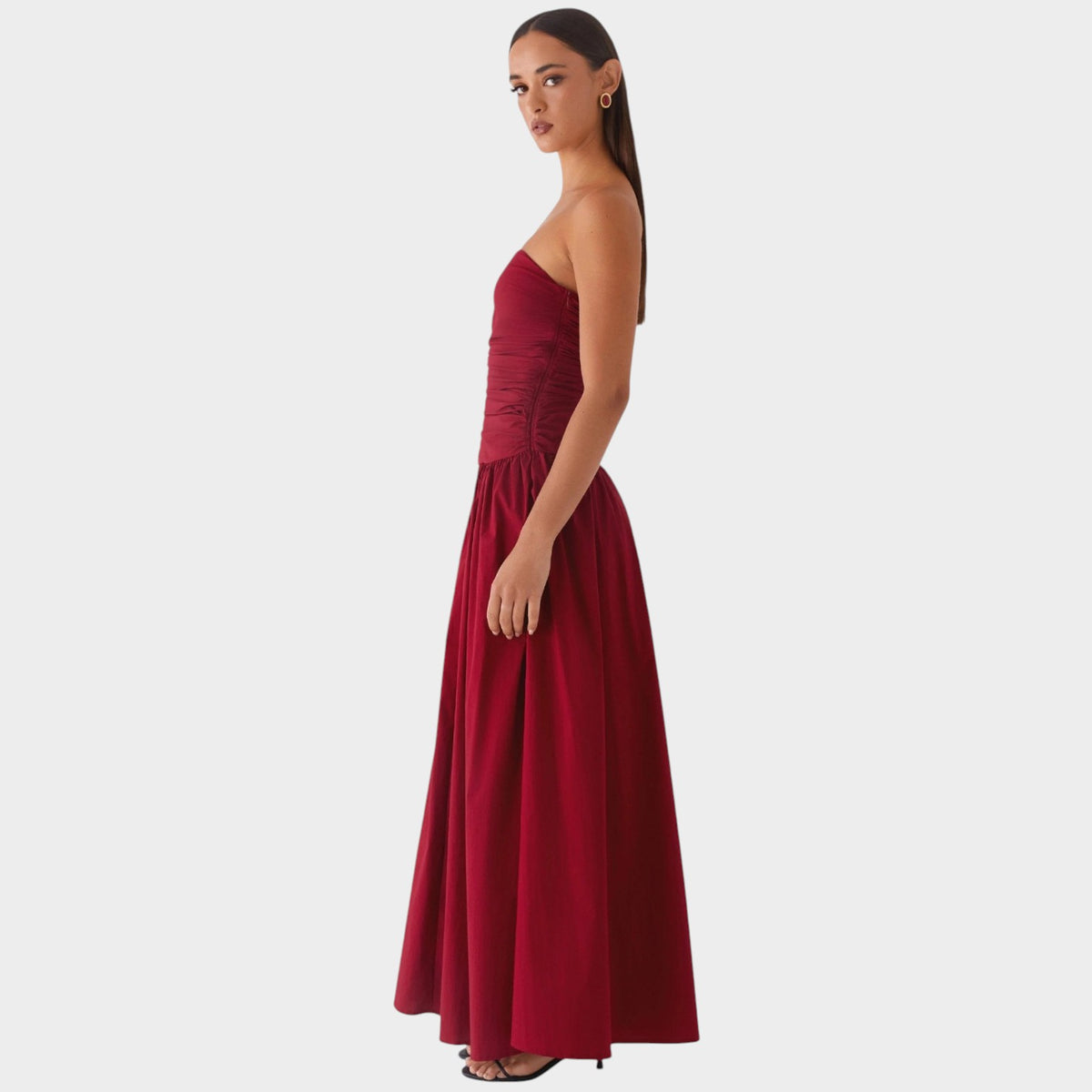 Women’s Strapless Maxi Dress with Ruched Bodice Flowing Skirt
