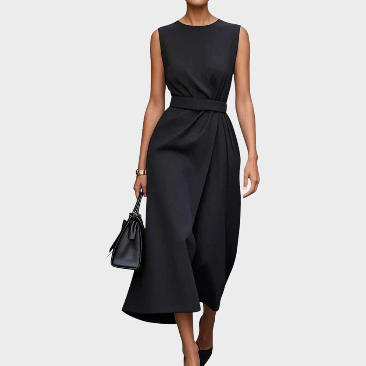 Women’s Sleeveless Midi Dress with Floral Pattern and Waist Detail