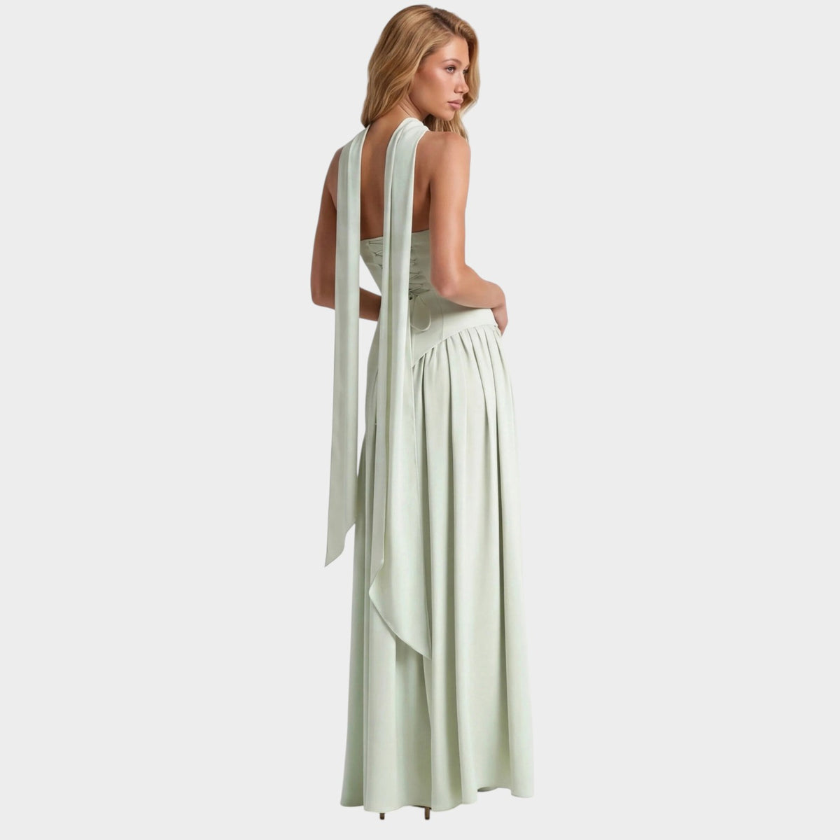 Women’s Strapless Maxi Dress with Draped Scarf Detail and High Slit