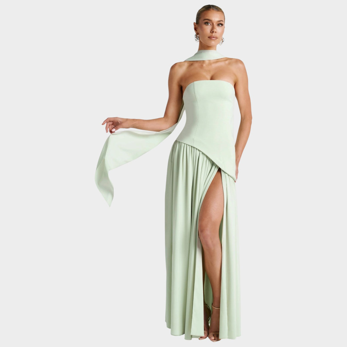 Women’s Strapless Maxi Dress with Corset Bodice and High Front Slit