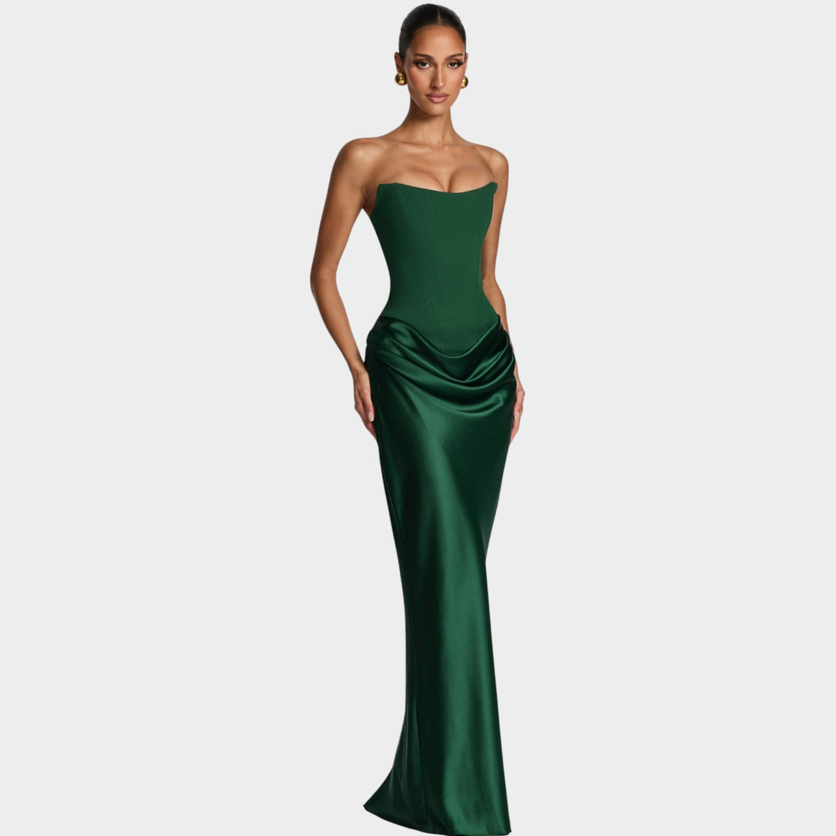 Women’s Strapless Satin Maxi Dress with Structured Bodice and Draped Skirt