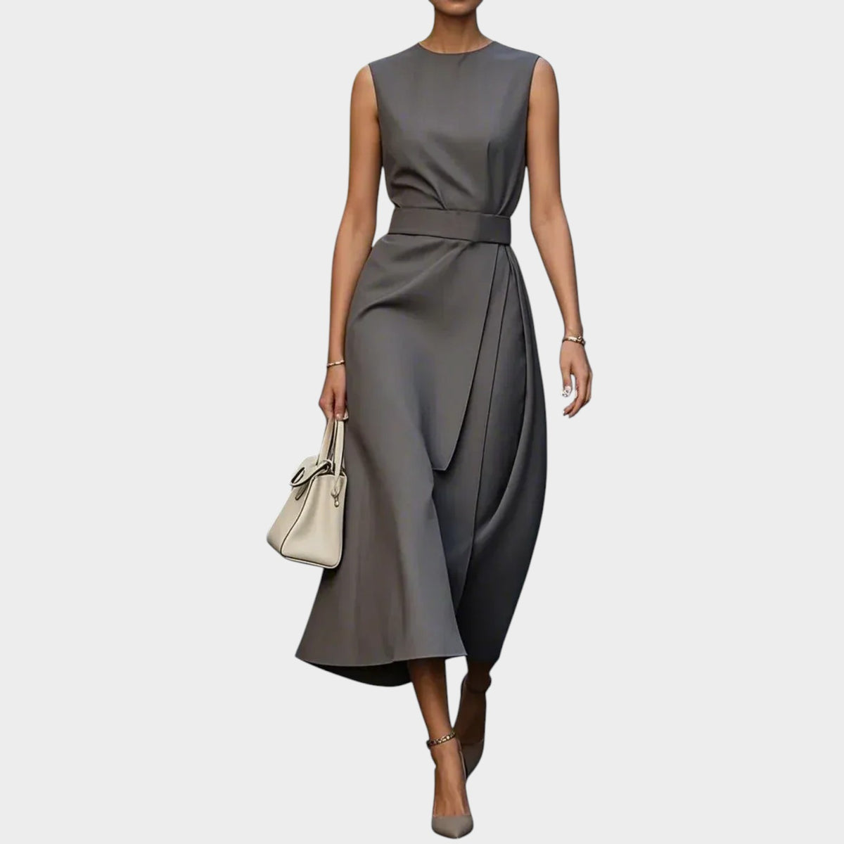 Women’s Sleeveless Midi Dress with Floral Pattern and Waist Detail