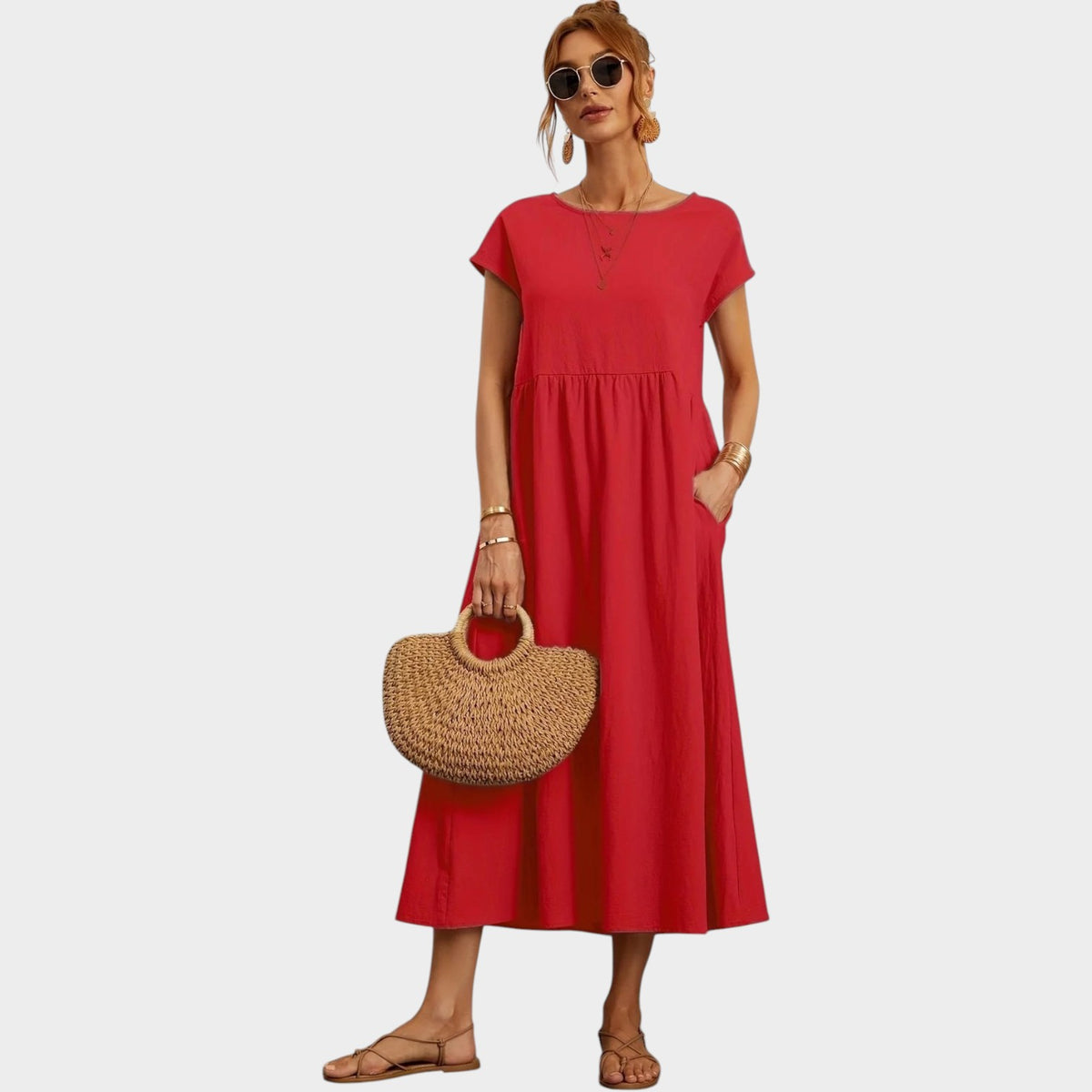 Women’s Round Neck Midi Dress with Short Sleeves and Side Pockets