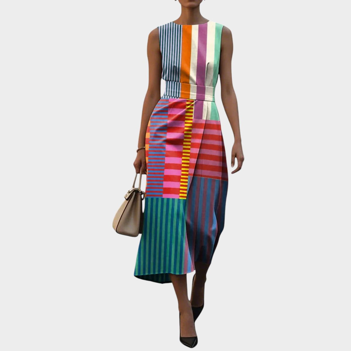Women’s Sleeveless Midi Dress with Floral Pattern and Waist Detail