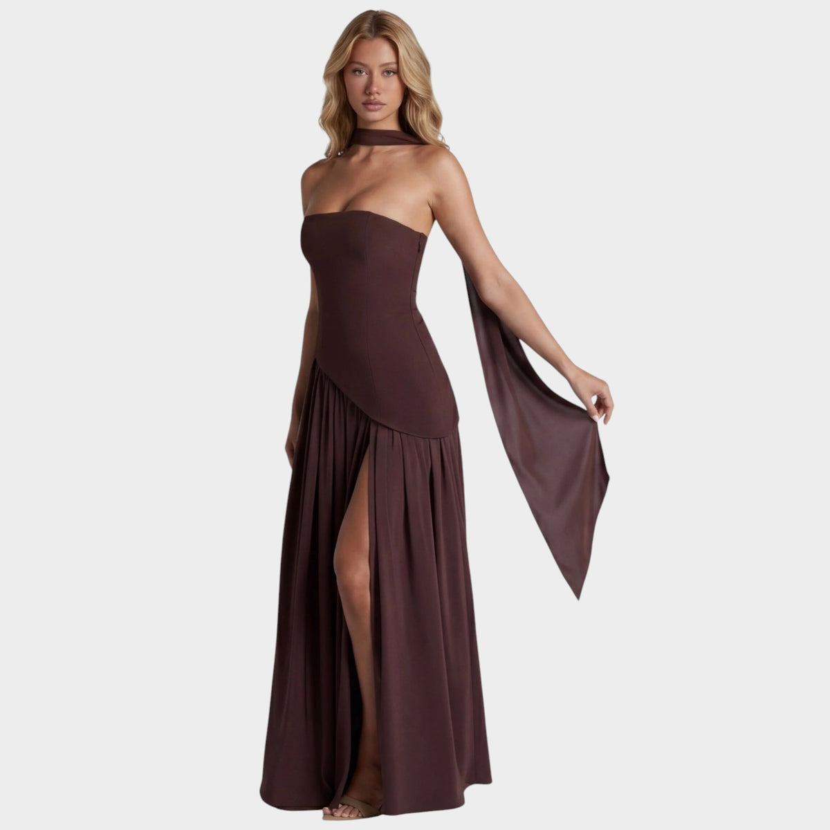 Women’s Strapless Maxi Dress with Draped Scarf Detail and High Slit