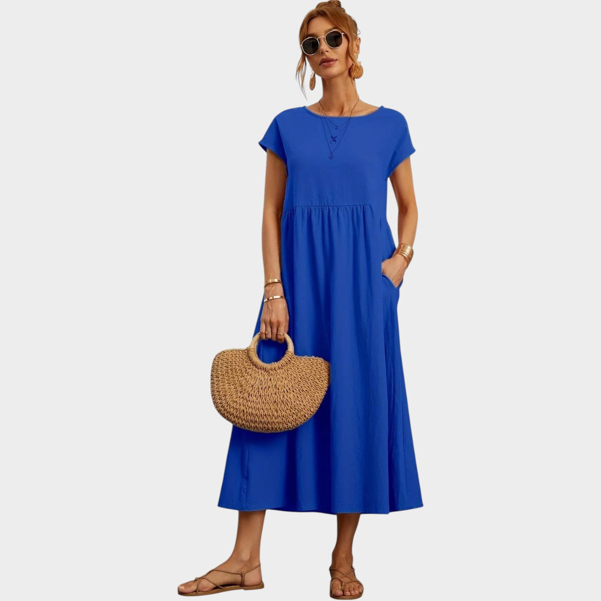 Women’s Round Neck Midi Dress with Short Sleeves and Side Pockets