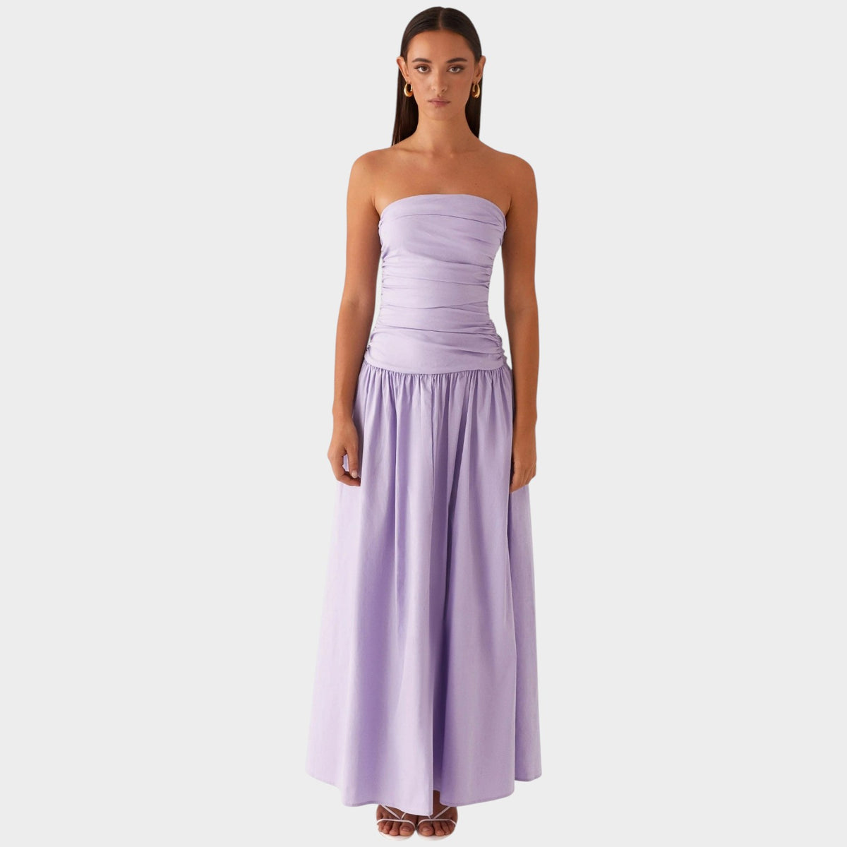 Women’s Strapless Maxi Dress with Ruched Bodice Flowing Skirt