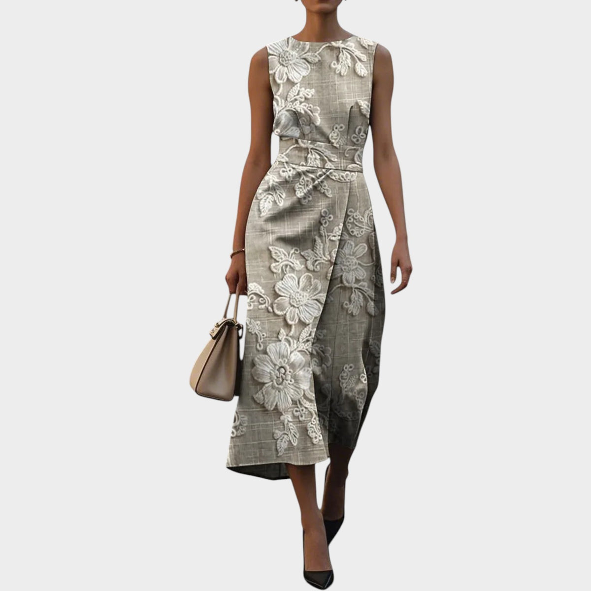 Women’s Sleeveless Midi Dress with Floral Pattern and Waist Detail