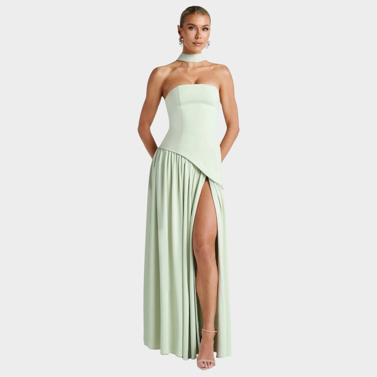 Women’s Strapless Maxi Dress with Corset Bodice and High Front Slit